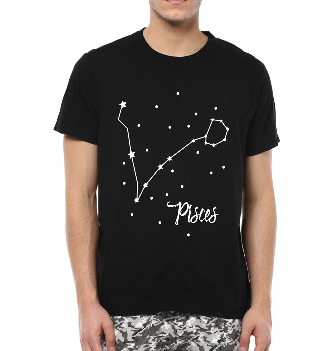 First RowGraphic Printed T-Shirt for Men | Sun Sign T-Shirt | Pisces Zodiac Tshirt | Half Sleeve T-Shirt | Round Neck T Shirt | 100% Cotton T-Shirt (Black, Large)