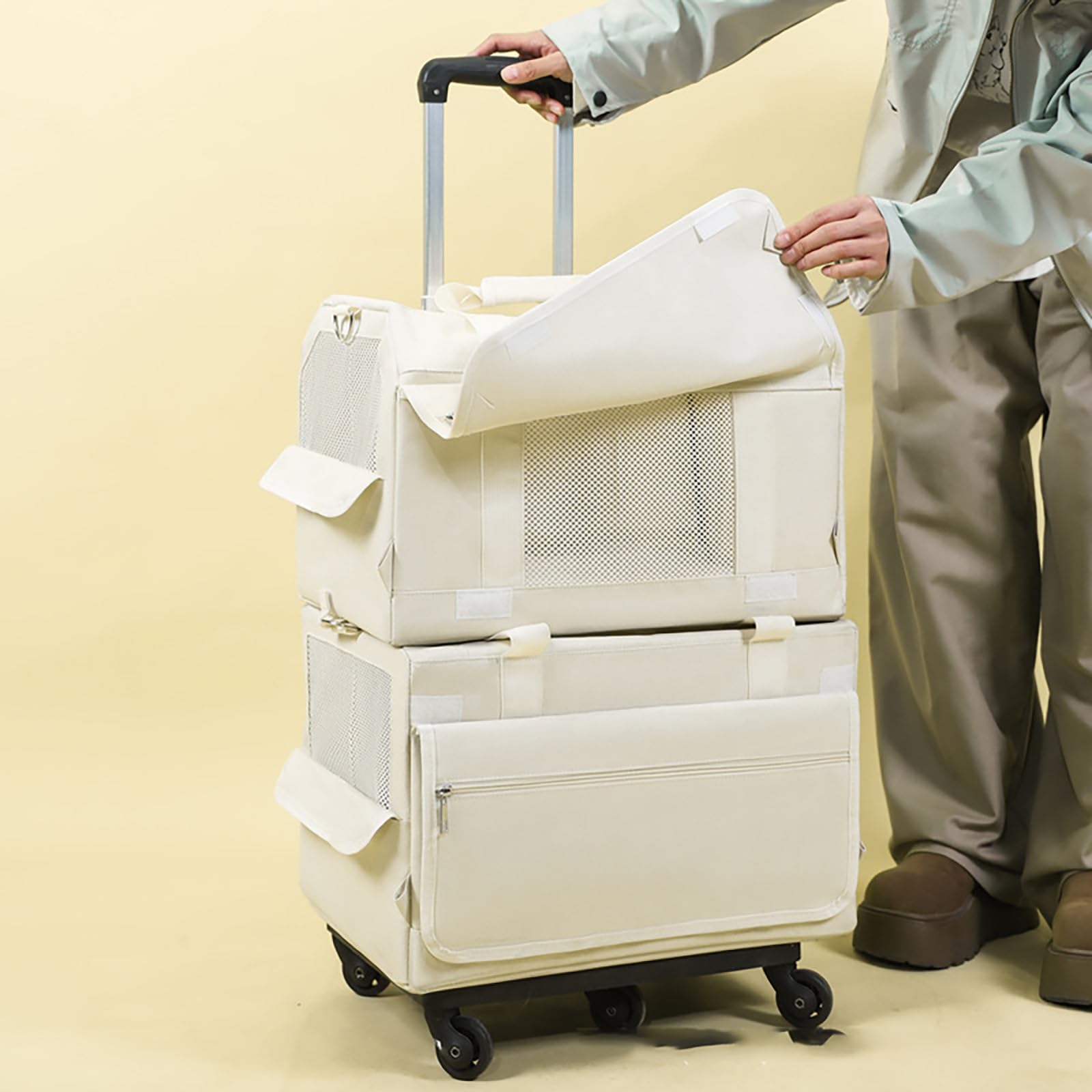 Sac De Transport à roulettes Double Couche pour Animaux De Compagnie avec FenêTres en Filet Et Tapis Amovible pour Deux Chats, Adapté Aux Avions, Au Camping Et à L'ExtéRieur, Blanc (Double Layer)
