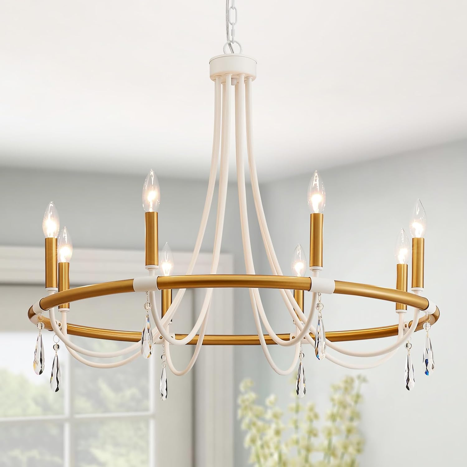 WUZUPS 5-Light Wagon Wheel Chandelier Rustic Farmhouse Industrial Round Pendant Light Fixture with Clear Seeded Glass Shades for Dining Room Kitchen Island, H 20.5" x W 26.2", E12 Base, Nickel