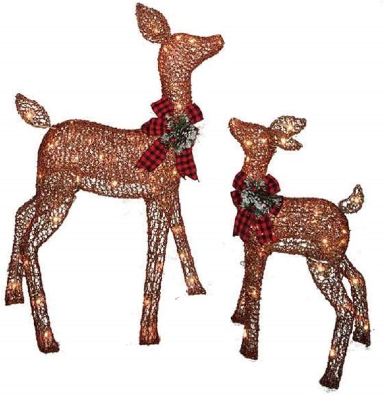 Pre-lit Glittering Champagne Doe and Fawn Deer 2-piece Lawn Christmas Decoration