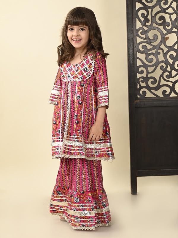 Image of superminis Girls Cotton Floral Printed Gotta Work 3 /4 Sleeves Flared Design Kurti & Sharara Set