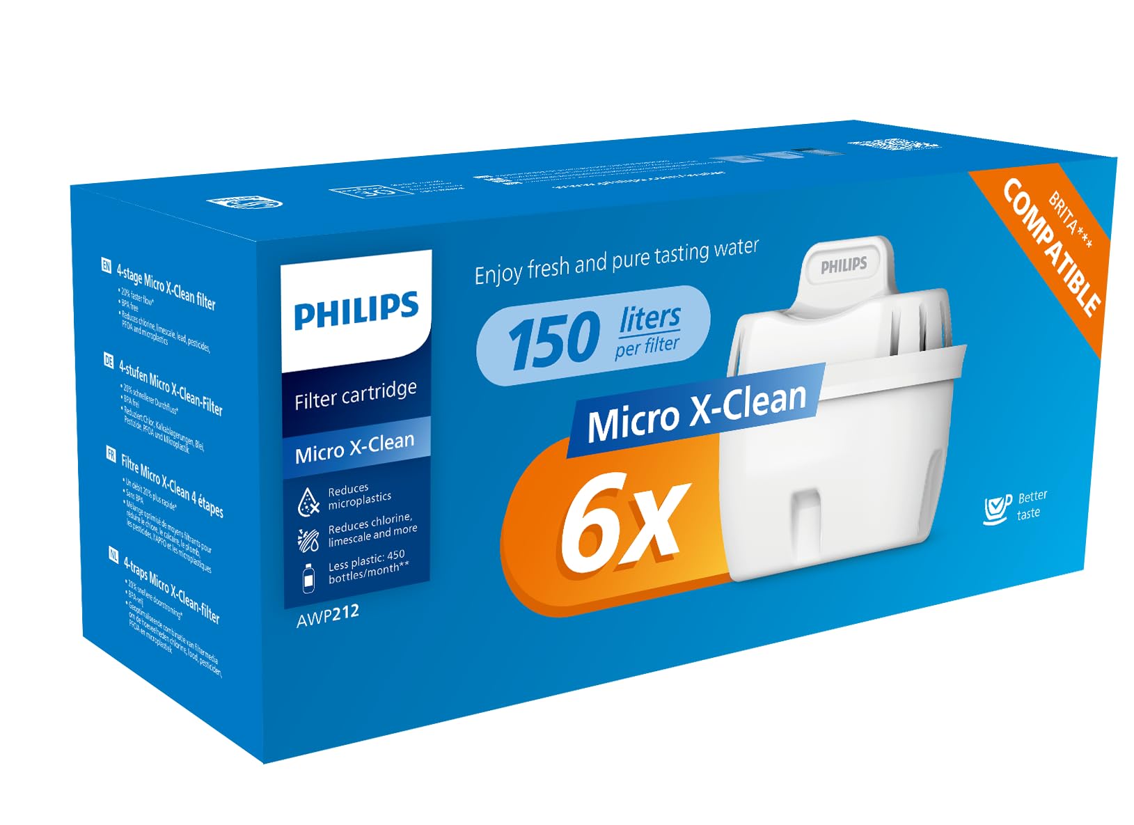 Philips Water Replacement Filter Cartridges Taste+, 6-Pack, Brita Compatible, Reduces MICROPLASTICS, Chlorine, LIMESCALE, Heavy Metals