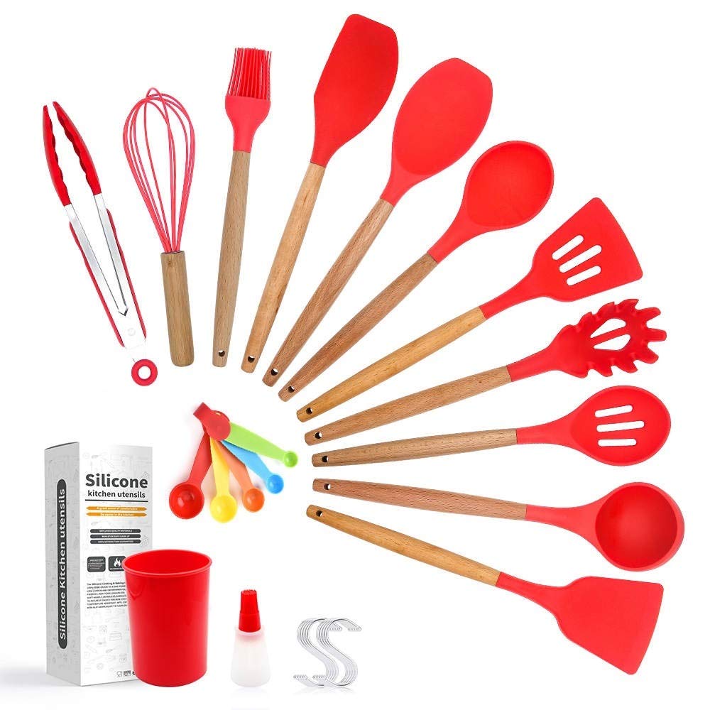 18 Piece Silicone Kitchen Utensils Set (Red), Wooden Handle, Non-Stick Cookware, 18 Piece Set Including 5 Measuring Spoon ...