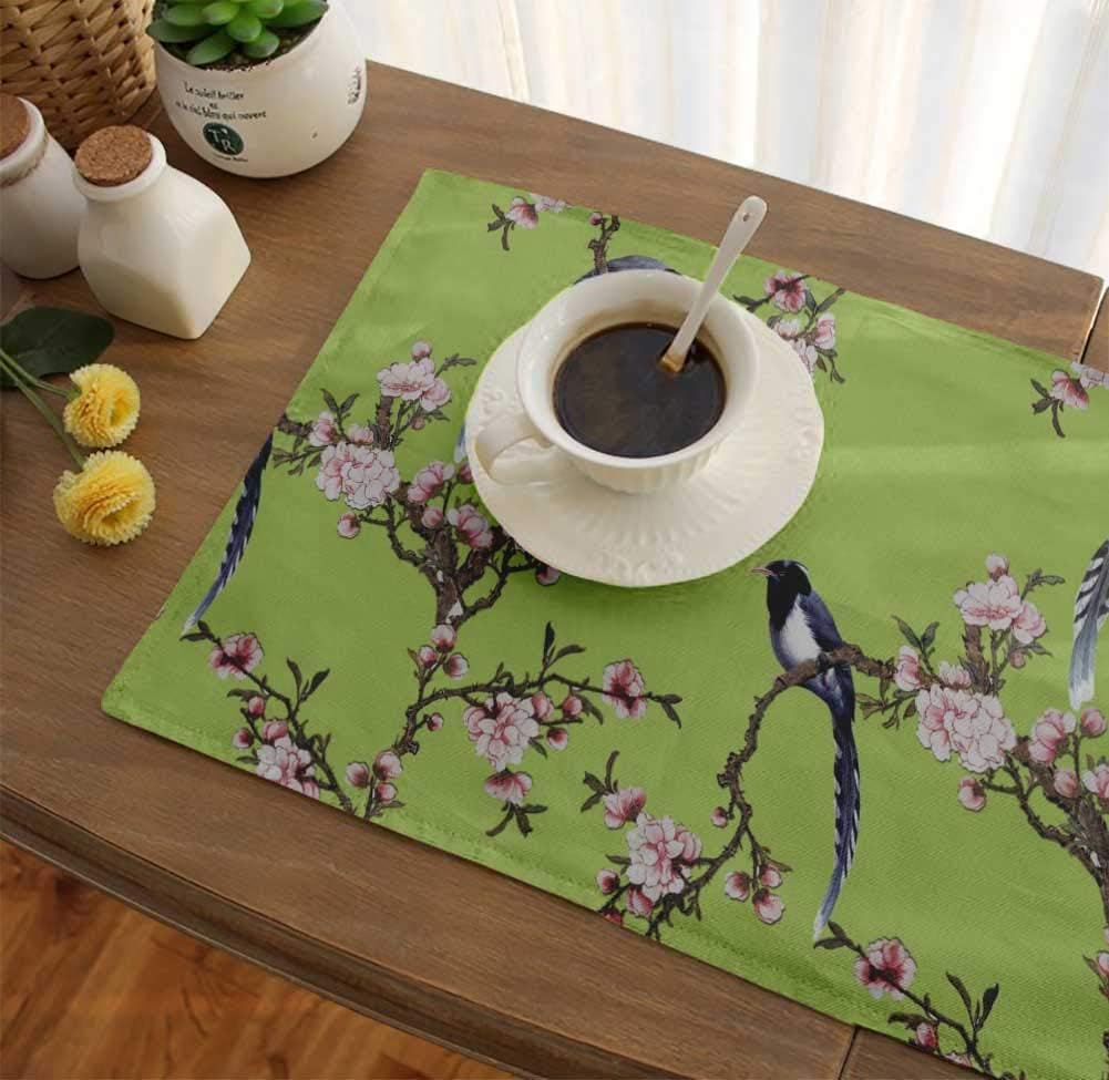 S4Sassy Green Blossom & Paradise Whydah Bird Printed Reversible Fabric Placemats Table Dining Mats-16 x 18 Inches-6 Pcs