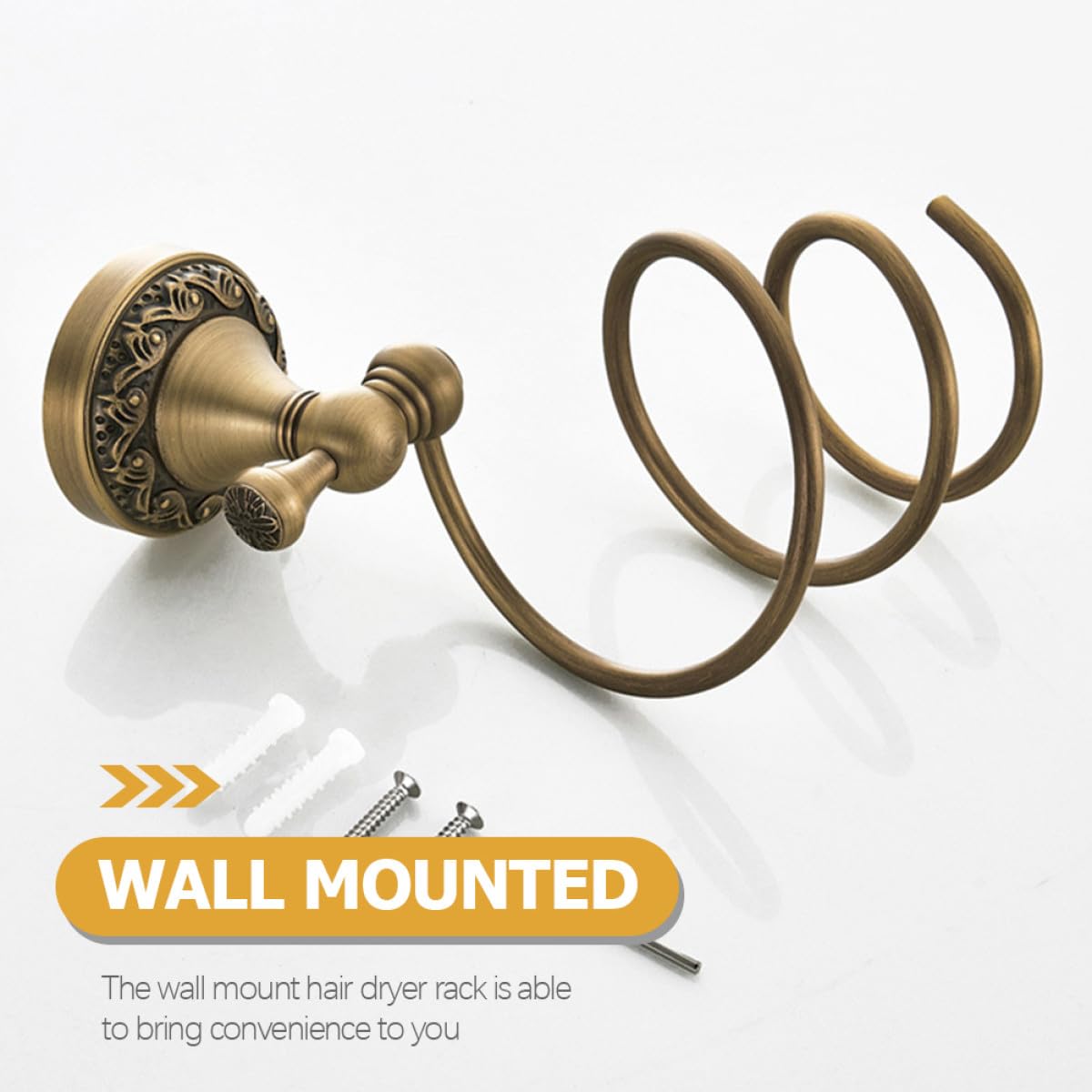 Soporte Acero de Cobre en para Secador Pelo de Espiral y Inoxidable, Estante de Pared Dorado Organizador Seguro y Protector para Baño y Barbería