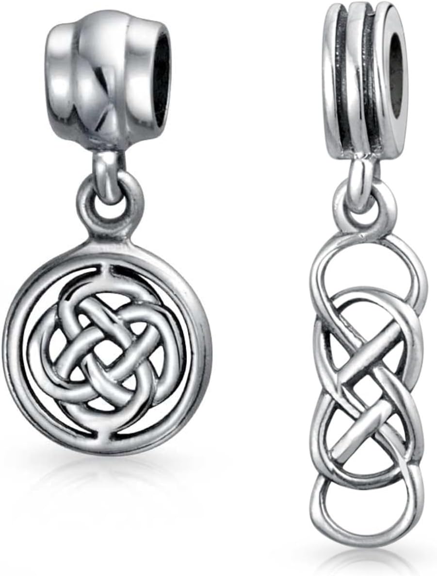 Bling Jewelry Set of Two Romantic Round Disc Celtic Love Knot Symbol Infinity Dangle or Slide Bead Charm For Women Teen .925 Sterling Silver For European Bracelet