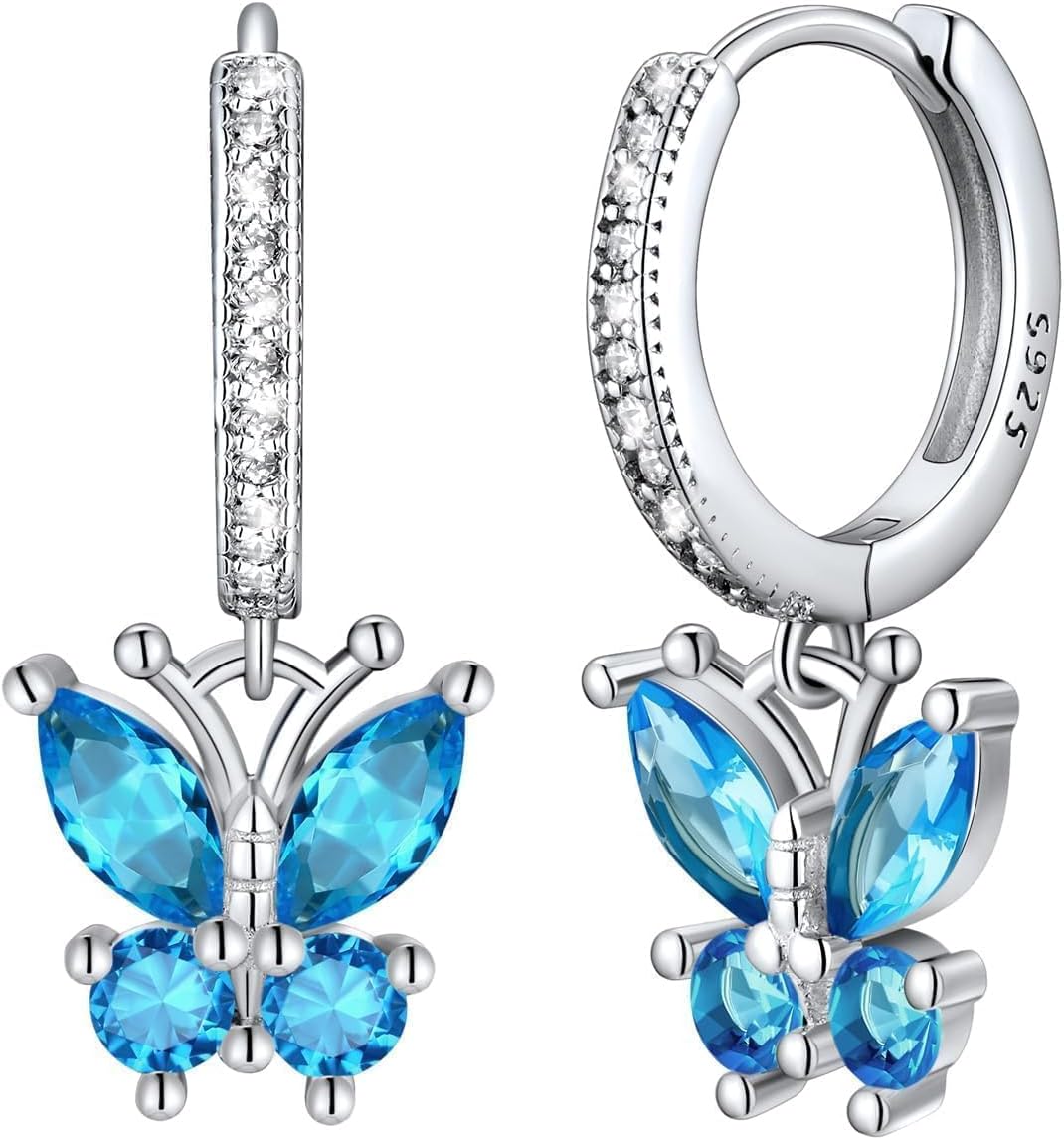 SILVERCUTE 925 Sterling Silver Butterfly Earrings for Women - Dainty Butterfly Birthstone Earrings,Hypoallergenic Dangle Earring, Birthstone Jewelry Birthday Gifts for Women