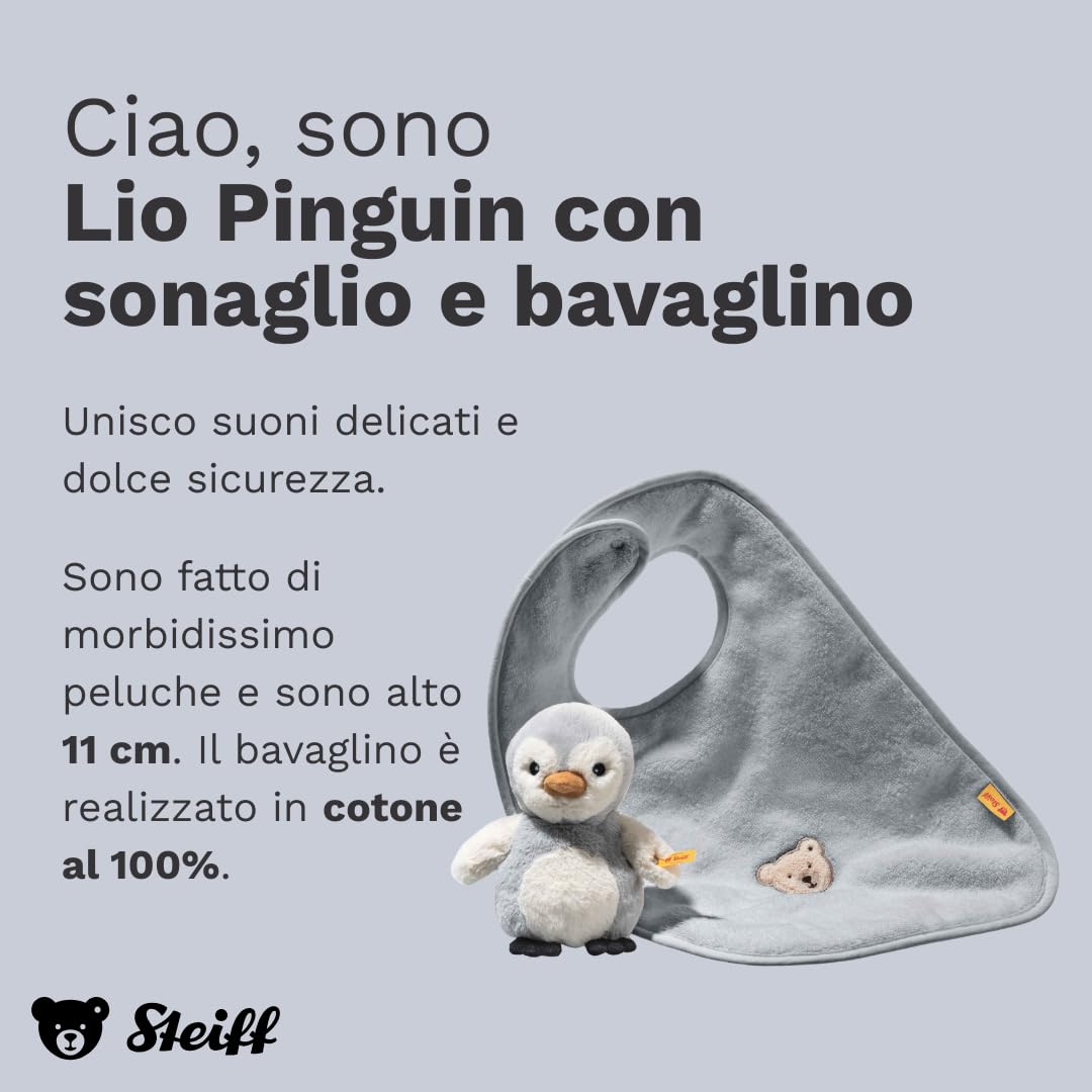 Steiff Set regalo Pinguino Lio con sonaglio e bavaglino, dolce animale di stoffa, bambini e neonati da 0 mesi, Friends, pupazzo, multicolore, 242977