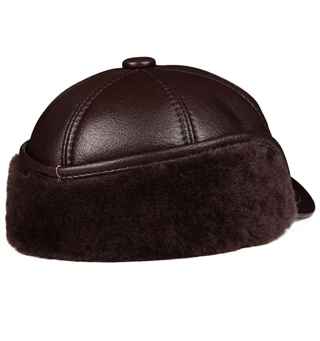 Gorro de invierno para hombre, piel de oveja auténtica, con solapa para las orejas, color negro, cálido y grueso, marrón, 55-56 cm
