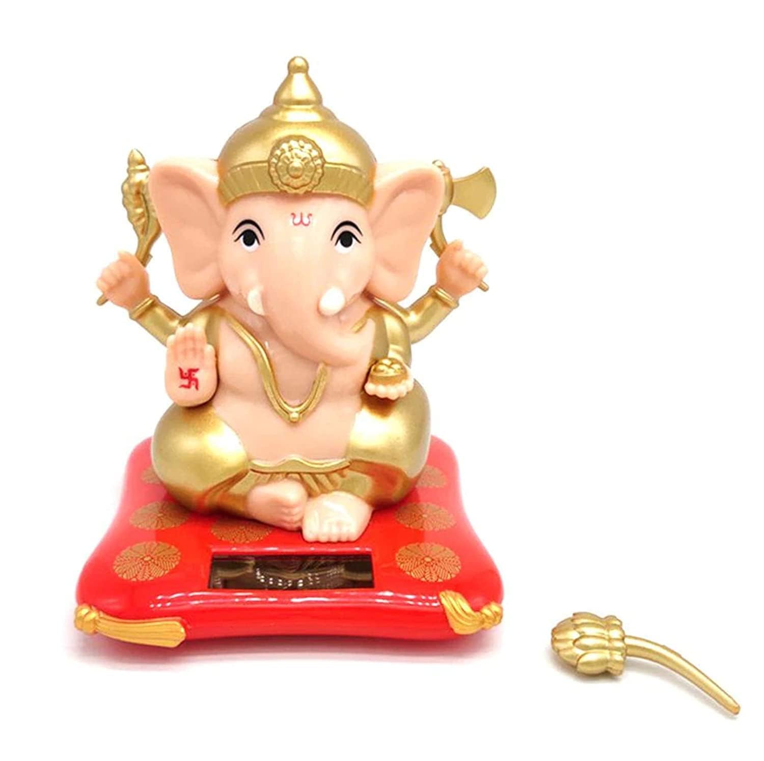 HOMENITY® - Moving Hand Solar Powered Ganesha Statue for Car Dashboard Home Decor and Office | Ganpati Bappa | Solar Powered Lord Ganesh ji Moving Hand (Small) with Bell, Polyresin, Red and Gold.