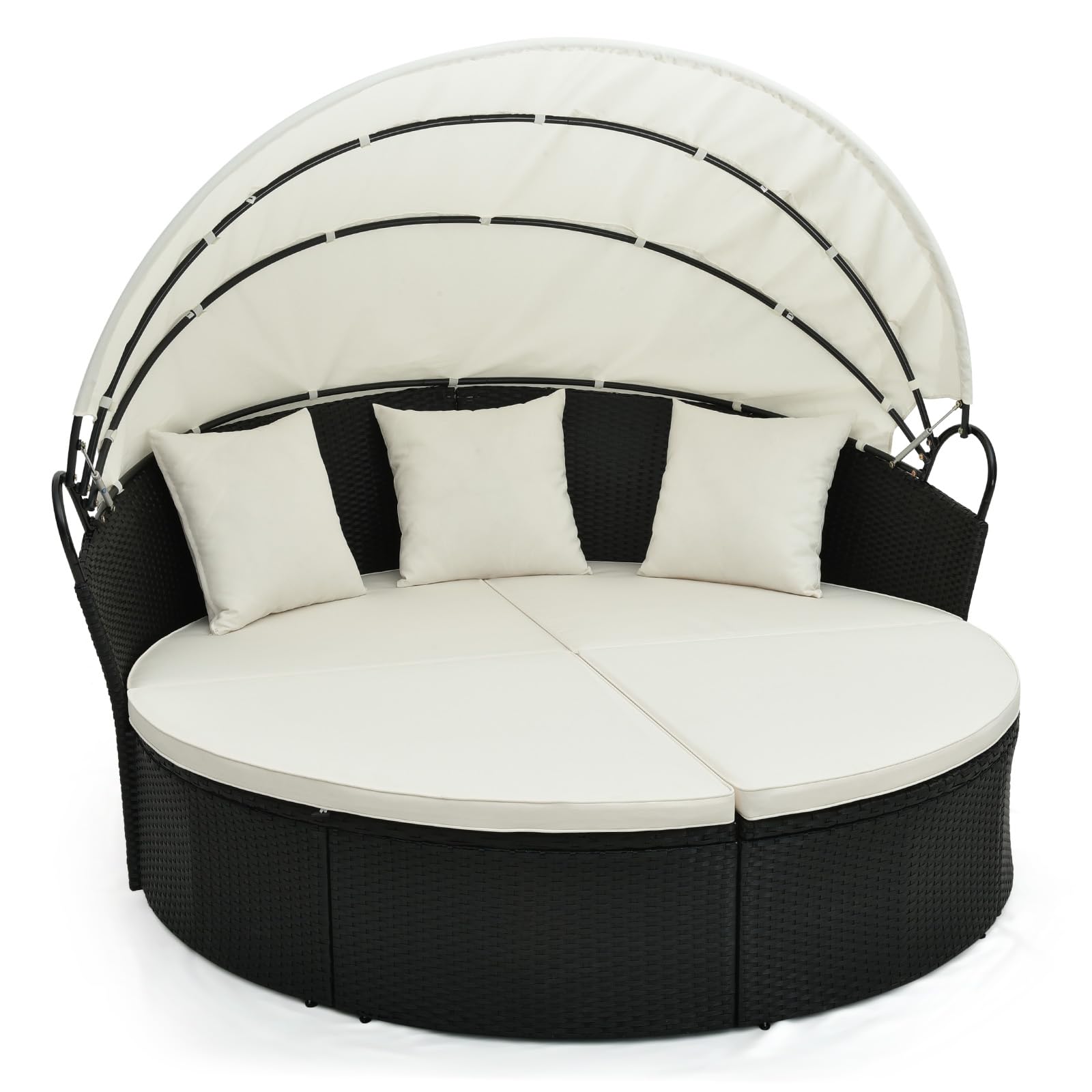 LIFEZEAL Set Giardino da Esterno in Rattan PE, Divano Rotondo in 4 Pezzi con Cuscini, Lounge Letto Matrimoniale con Tettuccio Parasole, Lettino Prendisole Max 360kg per Piscina e Cortile, 168x180x157