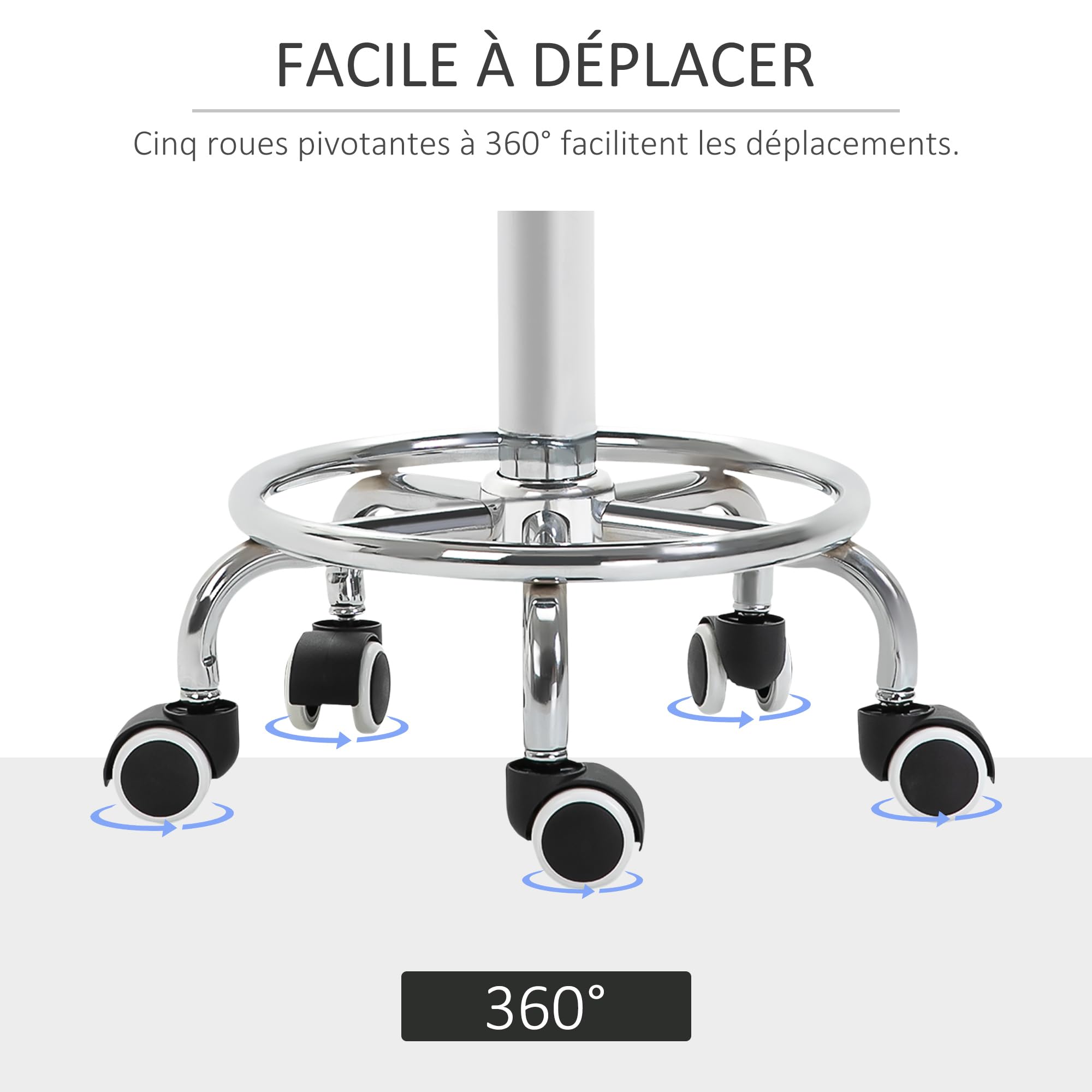 Vinsetto Tabouret à roulettes réglable 50-64 cm, assise rembourrée, pivotant 360°, pour massage, tatouage, clinique, spa, noir