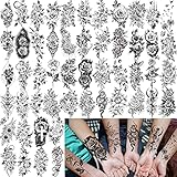 🐙52 Blatt Schwarz Blumen Temporäre Tattoos: 🐠 Es gibt 52 Blätter klein Größe 10,5 x 6 cm Sketch Temporäre Tattoos für Frauen in einem Paket. Darunter verschiedene beliebte Designs wie Schlange Rose Pfingstrose Sonnenblume Gänseblümchen Löwenzahn Dahlie Nelken Lotus Anemone Reben Orchidee Ringelblume Narzisse Zinna Tulpe Kirsche Aster Enzian Dornen Brombeer Violett Glänzende Ruhm Blüte Zweig Tatoos für Frauen Temporäre Tattoos Damen.