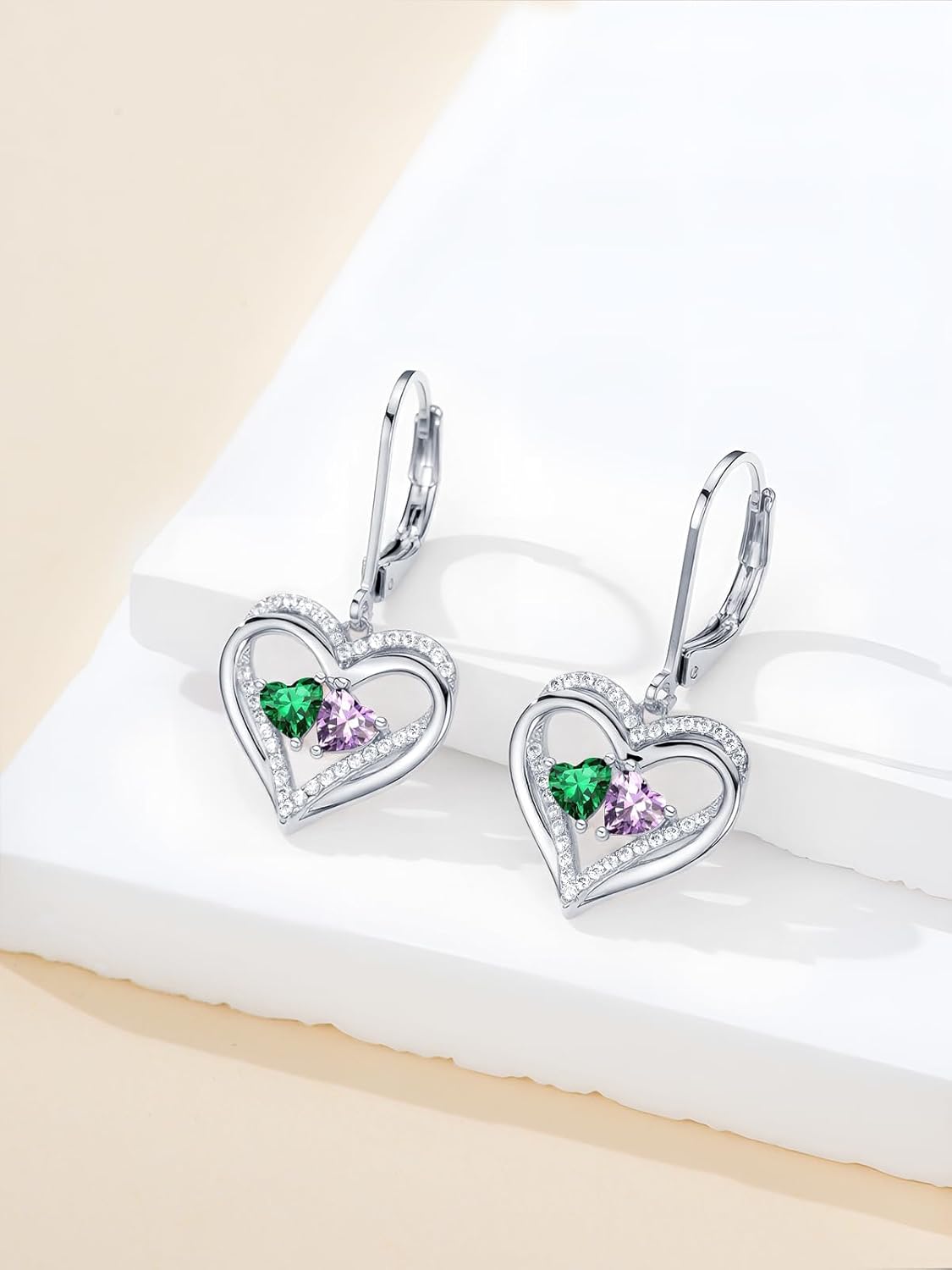 Valentines Day Gifts for Women, Heart Leverback Earrings Double Birthstone Dangle Earrings for Women, Love Jewelry for Her, Anniversary Birthday Gift for Mom Wife Girlfriend - Image 5