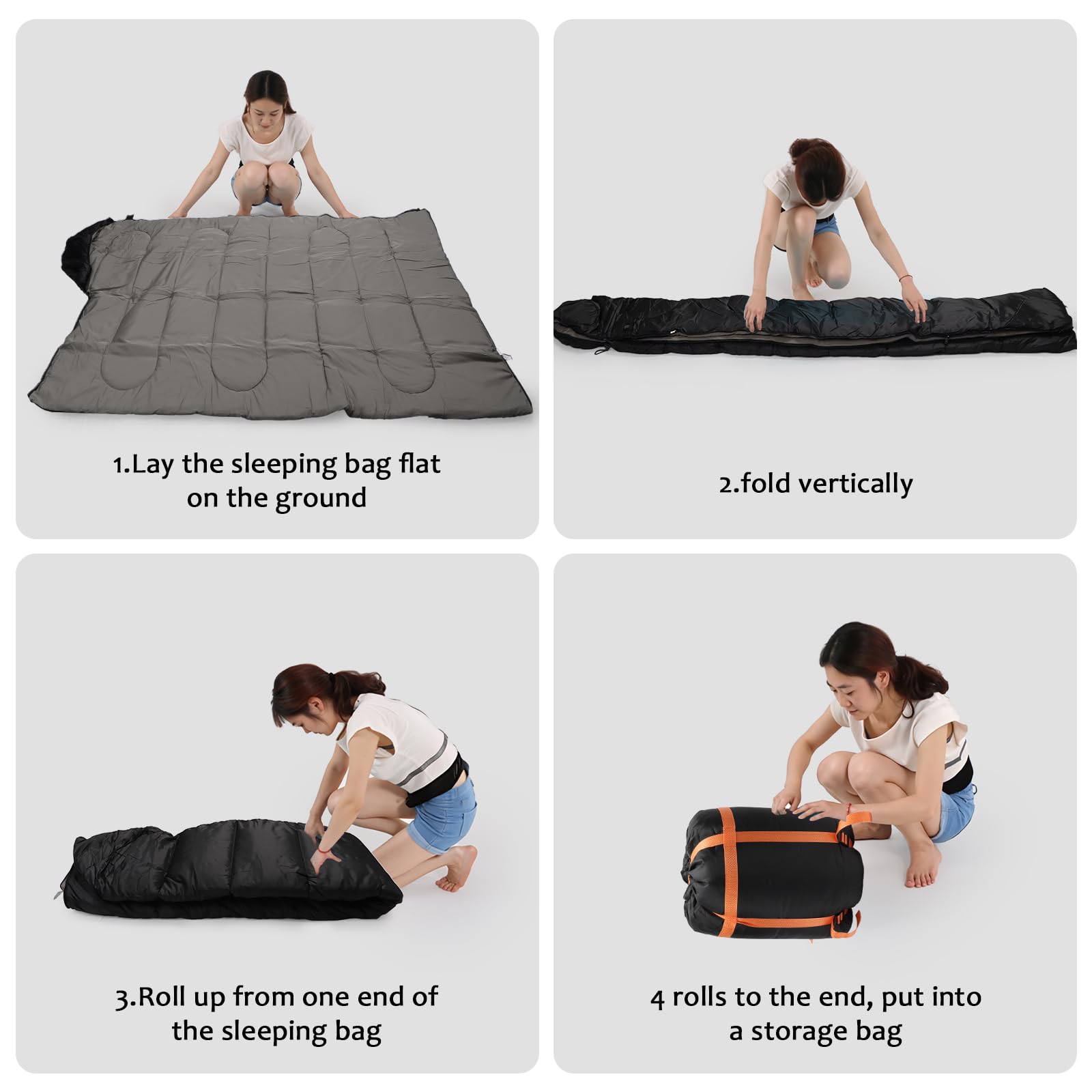 Sac de couchage 3-4 saisons pour adultes et enfants, léger et compact, lavé à l'eau pour le camping, la chasse, etc. (Noir)