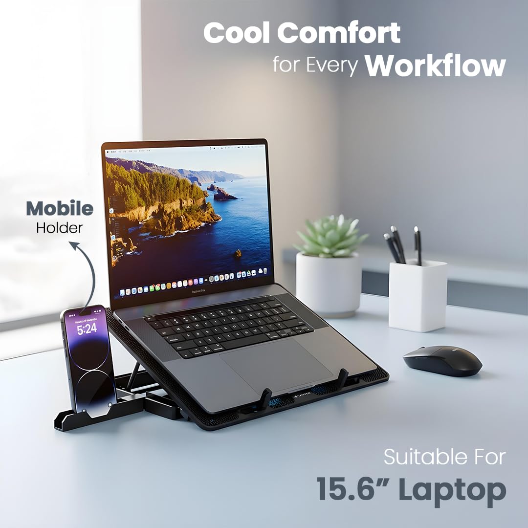 Lapcare Chillmate Powerful Laptop Cooler Pad with Dual 125mm Fans, Silent Operation, Adjustable Fan Speed, Controls, USB, 5 Step Retractable Stand and Mobile Holder 12 61TRCYQwJgL. SL1080
