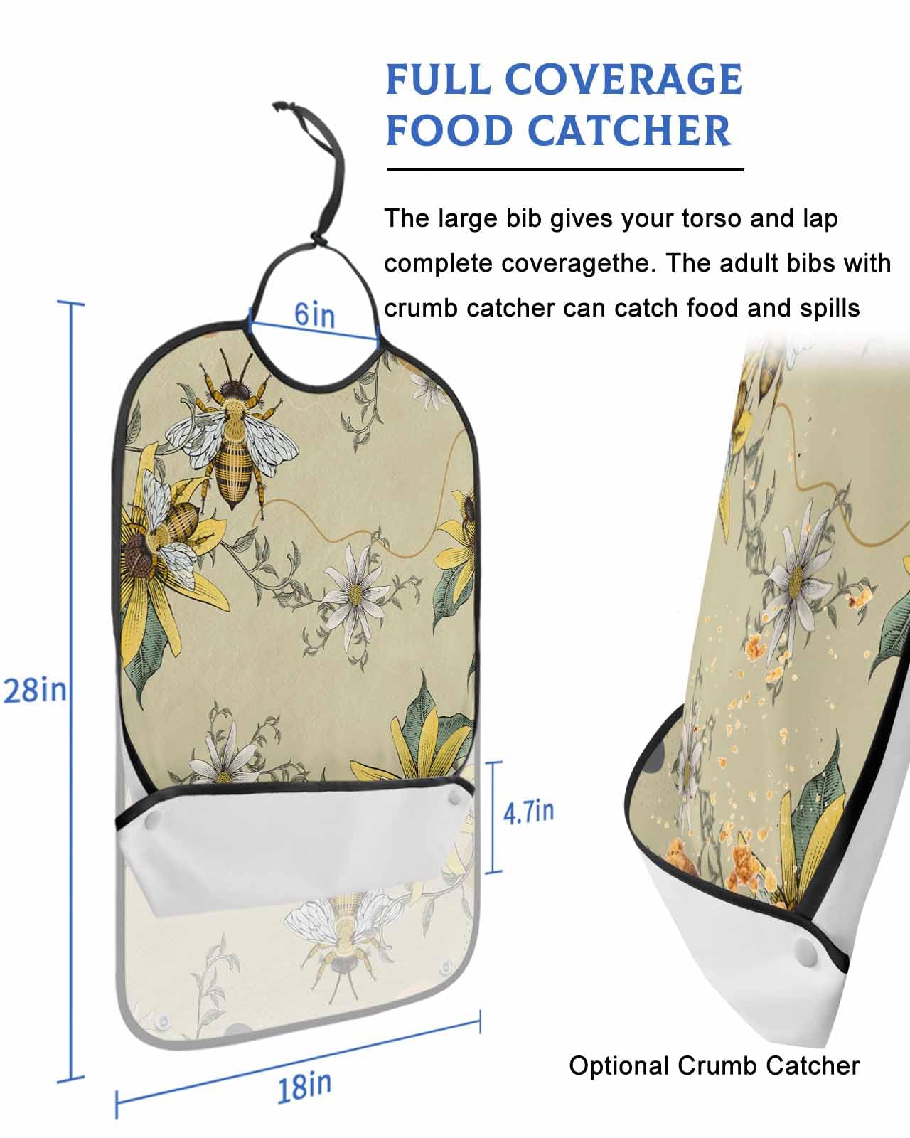 LEOKOTI Summer Flowers Bee Adult Bibs for Eating, Waterproof Bibs with Food Catcher & Adjustable Snap Closure, Farmhouse Boho Geometric Washable Clothing Protectors Adult Bibs for Elderly Women/Men