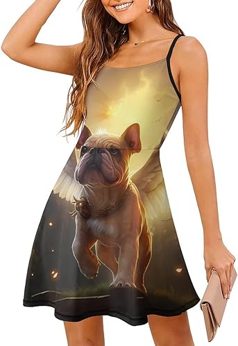 Bulldog Dog Angel Womens Sling Dress Fashion Mini Swing Sundress Tank T Shirt Dresses