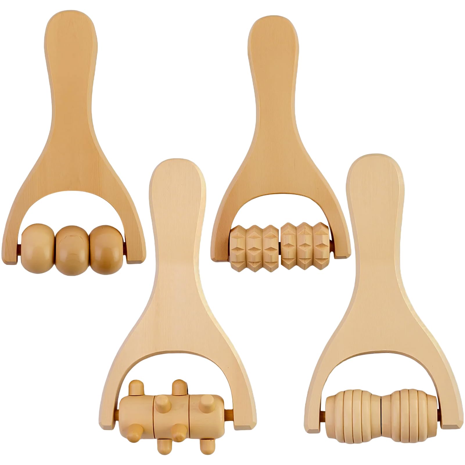 4 Piezas Rodillos Masaje Madera,Rodillo de masaje con asa,Cada uno con mango ergonómico,La superficie de madera lisa y redondeada,Para Relajación de Espalda, Piernas