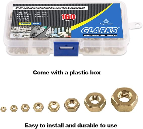 Glarks 160Pcs Metric M2 M2.5 M3 M4 M5 M6 M8 M10 High Strength Brass Hex Nuts Assortment Kit