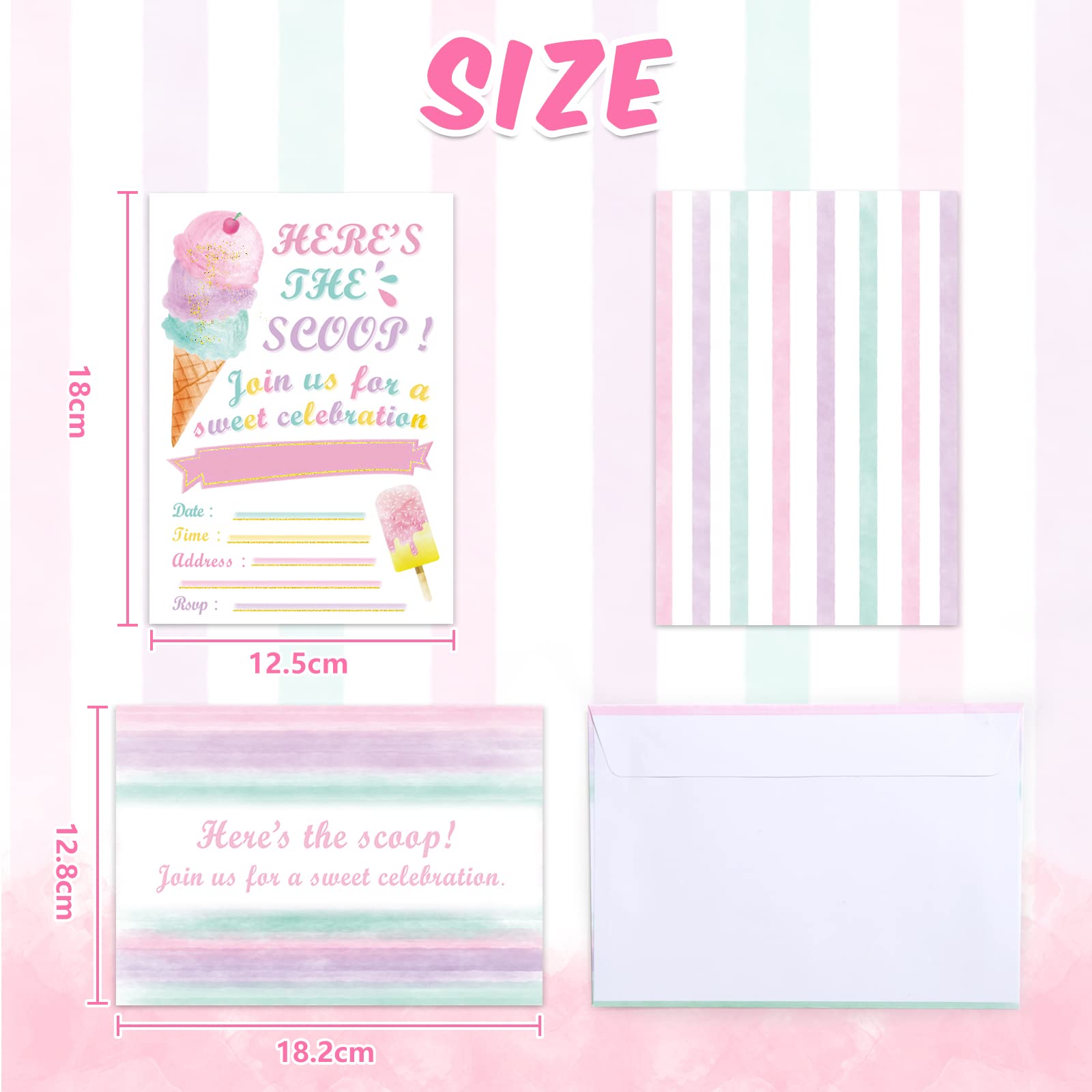 WERNNSAI 24 Biglietti Di Ringraziamento Con Gelato E Buste – Set Con Adesivi, Cartoncino Spesso, Per Feste Estive E Compleanni Bambini
