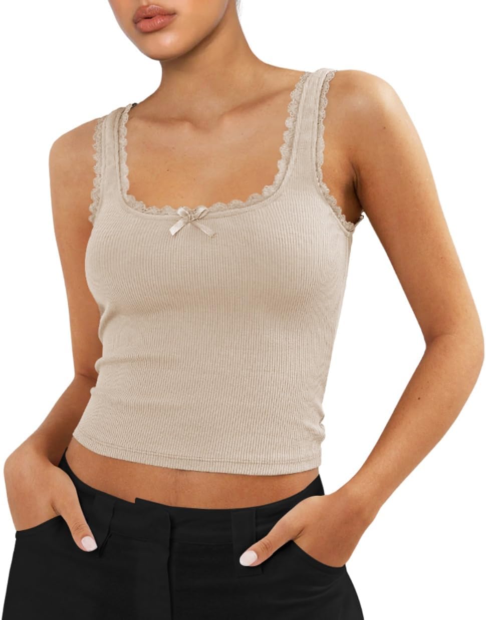 Women's Square Neck Lace Patchwork Sleeveless Ribbed Trim Crop Cami Tank Y2K Tight Fitted Bow Shirts Top