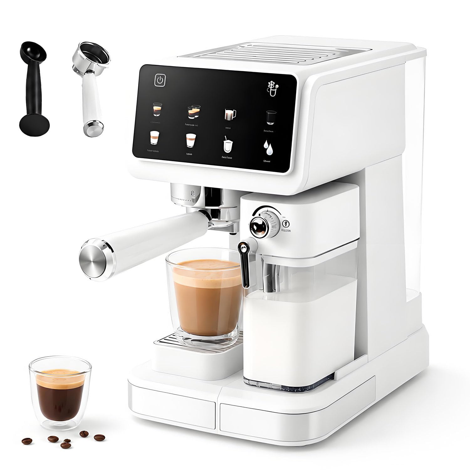 Ekspres espresso 20 bar one-touch, obsługuje różne filiżanki, zbiornik wody 1,5L, spieniacz mleka 500ml