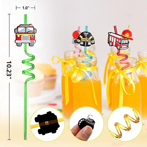 Miniatura 4 de 24 popotes para fiestas de camiones de bomberos, suministros de fiesta de cumpleaños, adecuados para fiestas temáticas de camiones de bomberos con 2