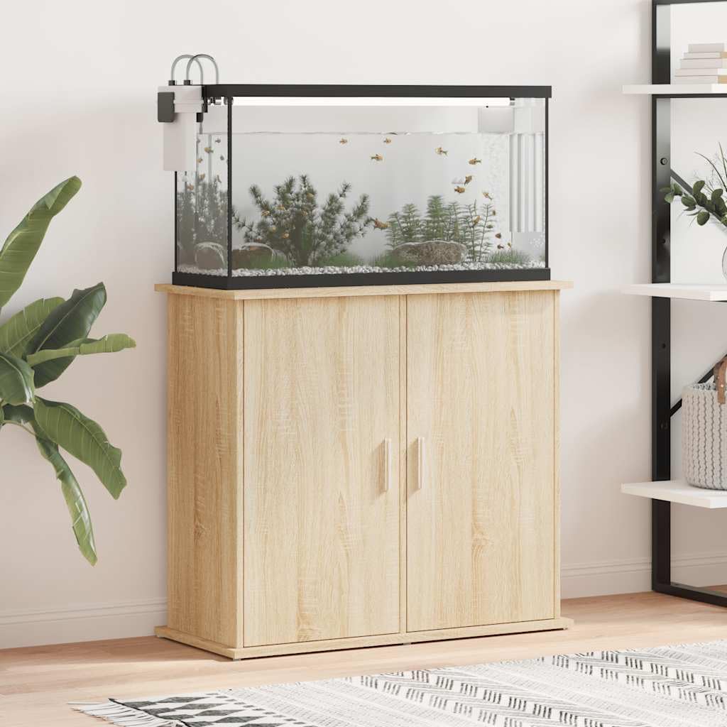 Soporte para acuario, roble Sonoma, material de madera, 81 x 36 x 73 cm, con espacio de almacenamiento y compartimentos para accesorios de acuario, armario inferior estable como estante, mesa