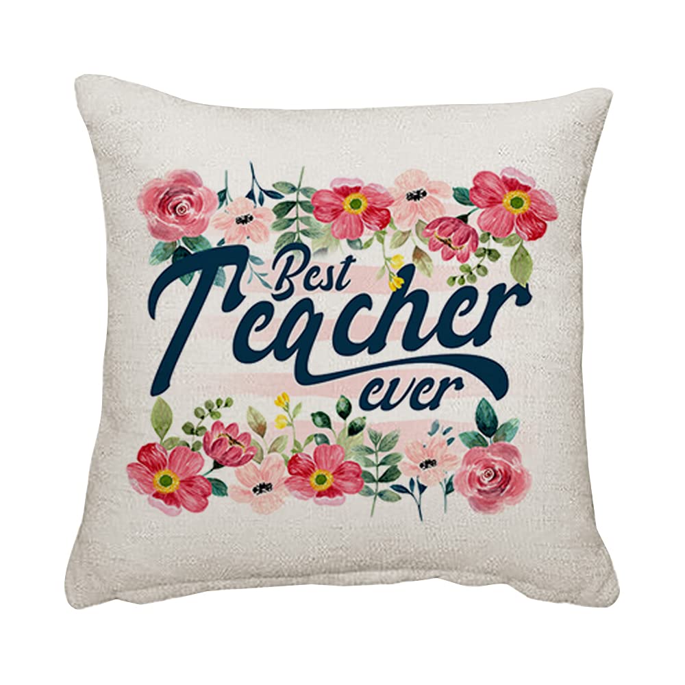 Teachers Gift - Best teacher ever Floral inspired Birthday Gift End of Term Thank You Home decor Linen Throw Pillow/Cushion. (Linen Cushion Cover)