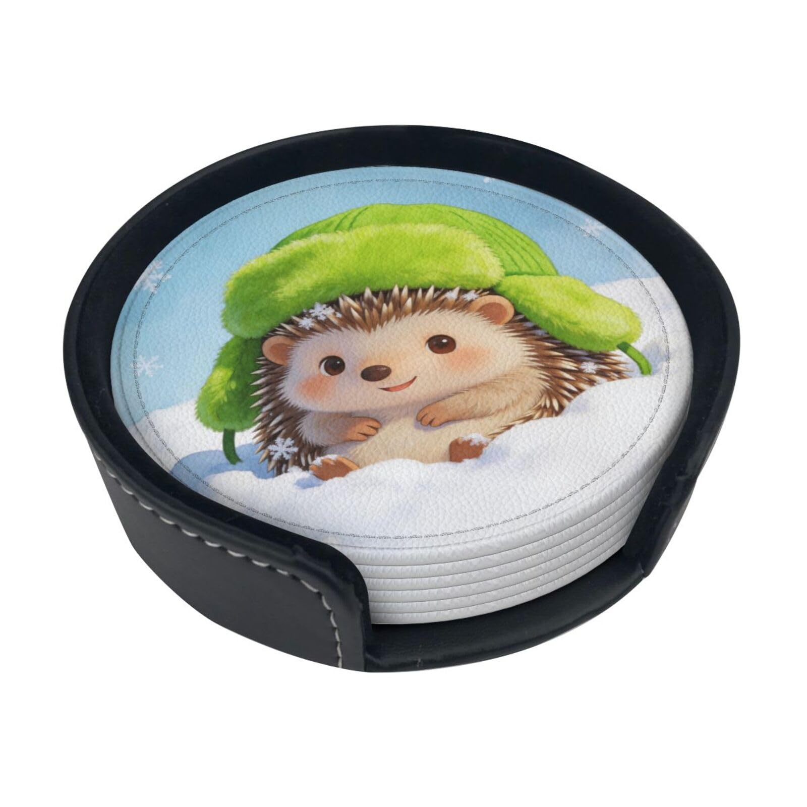 Hedgehog and Snow Leather Coasters-Set of 6 with Storage Holder