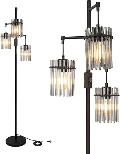 Miniatura 8 de Lámparas de pie industriales modernas para sala de estar, lámparas altas de cristal regulables con 3 elegantes cabezales de jaula de lágrima y