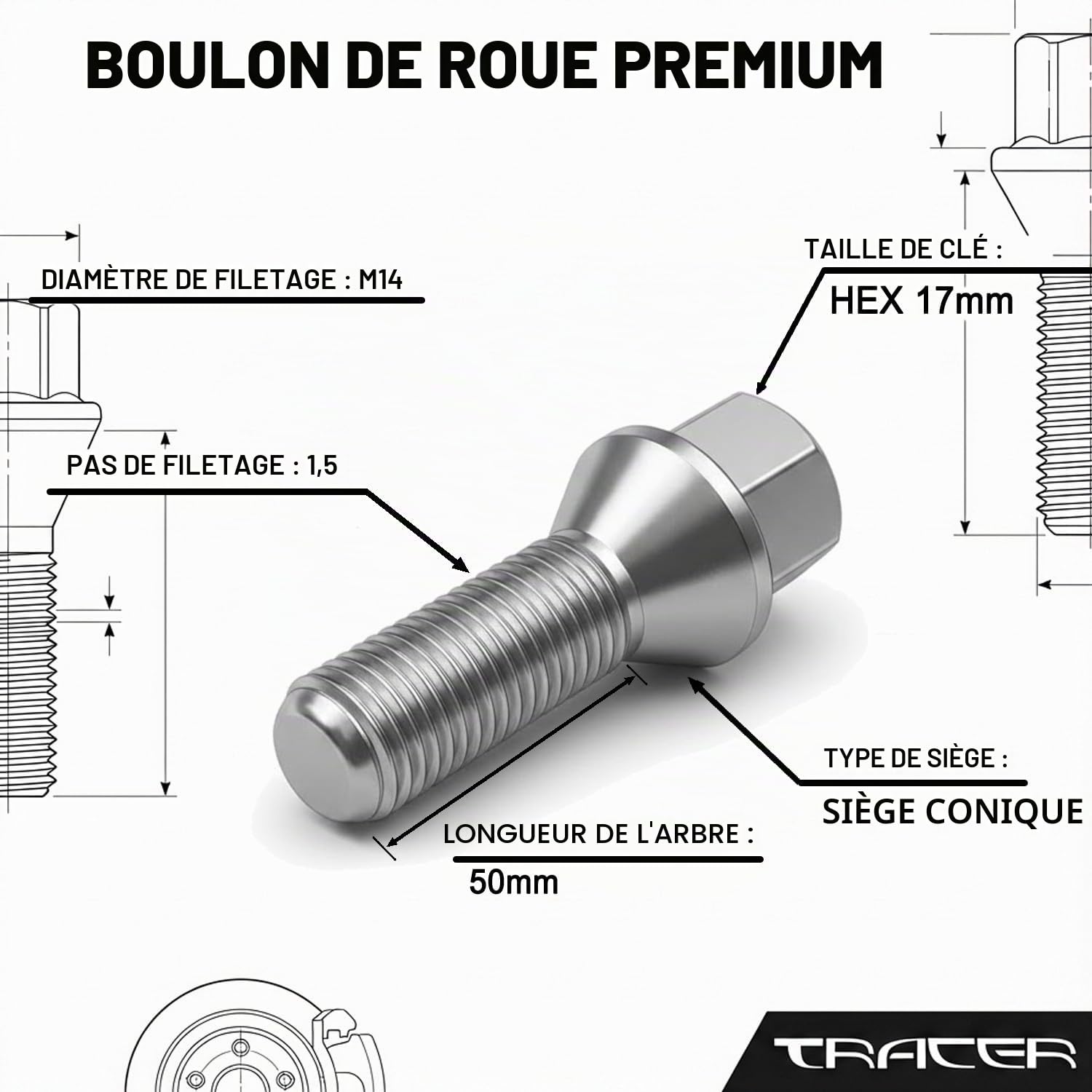 TRACER Lot de 10 boulons de roue coniques argentés M14 x 1,5 50 mm