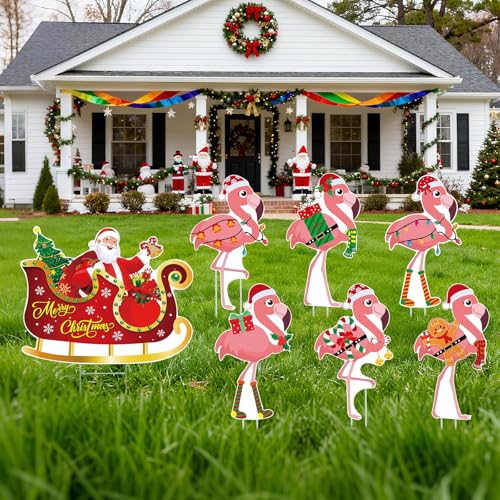ARQRHTLY 7pcs Christmas In July Flamingo Yard Sign with Stakes Waterproof Outdoor Lawn Garden Holiday Decoration for Patio Front Yard Pool Party Beach Seasonal Festive Decor Eye Catching Flamingo Sign