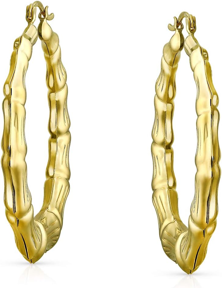 Fashion Statement Light Weight Hollow Big Large Bamboo Hoop Earrings For Women Teen 18K Gold Plated Brass 1 in 1.75 in 2 Inch Diameter - Image 2