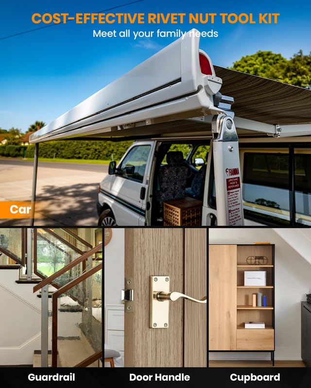 Four-step diagram illustrating the operation of the rivet nut tool