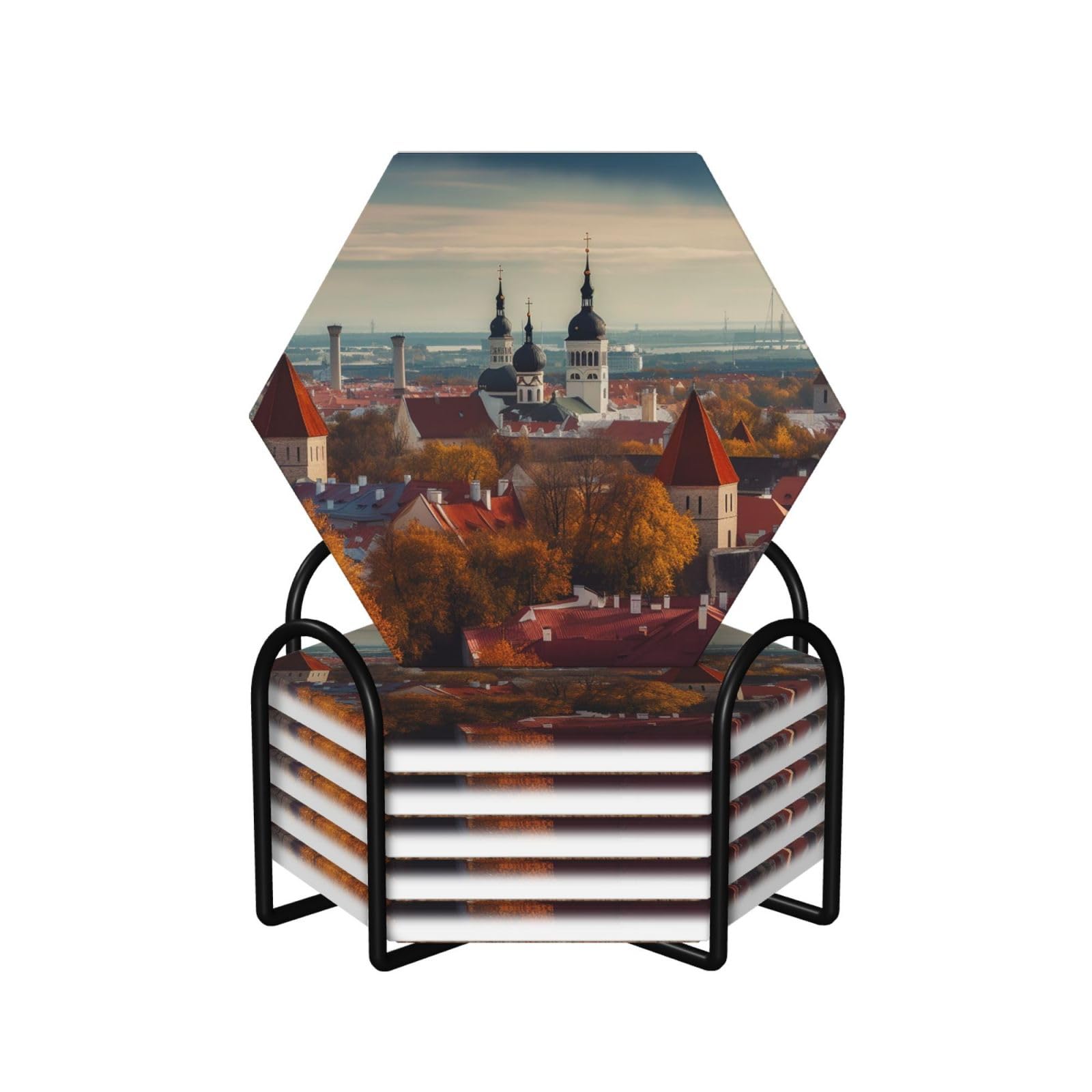 Dessous de verre Tallinn en céramique anti-rayure et anti-tache avec support de rangement