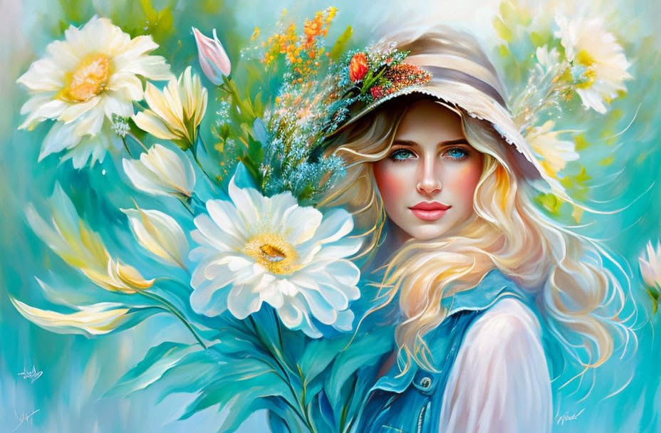 Toile jeune femme blonde bouquet de fleurs douceur et poésie murale sans cadre
