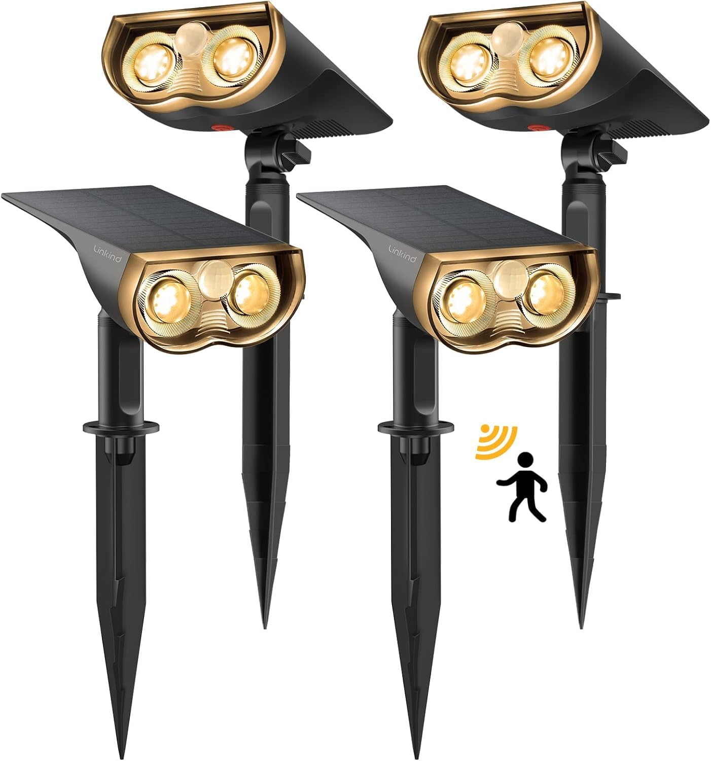 Linkind Lampe Solaire Extérieur Détecteur de Mouvement 1000Lm 3000K Blanc Chaud 3 Modes Éclairage Continu Spot Solaire Allée StarRay IP67 LED Projecteur Jardin 4PCS