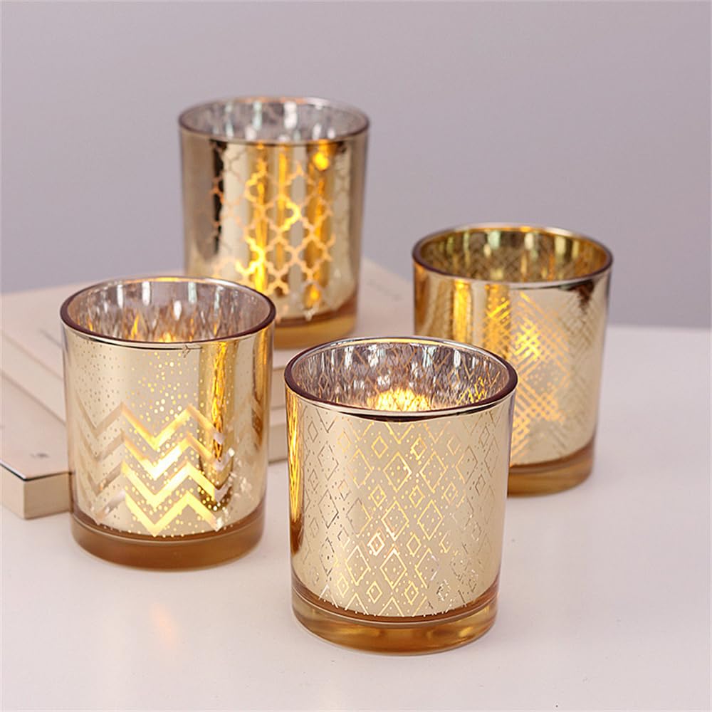Hiseng Bougeoirs Photophore en Verre pour Bougies Chauffe-Plat, Moderne Dorée Bougeoir Votif pour Décorationde Table de Mariage, Maison, Anniversaire, Fête, Noël, Mariage (Lot de 12,Style A)