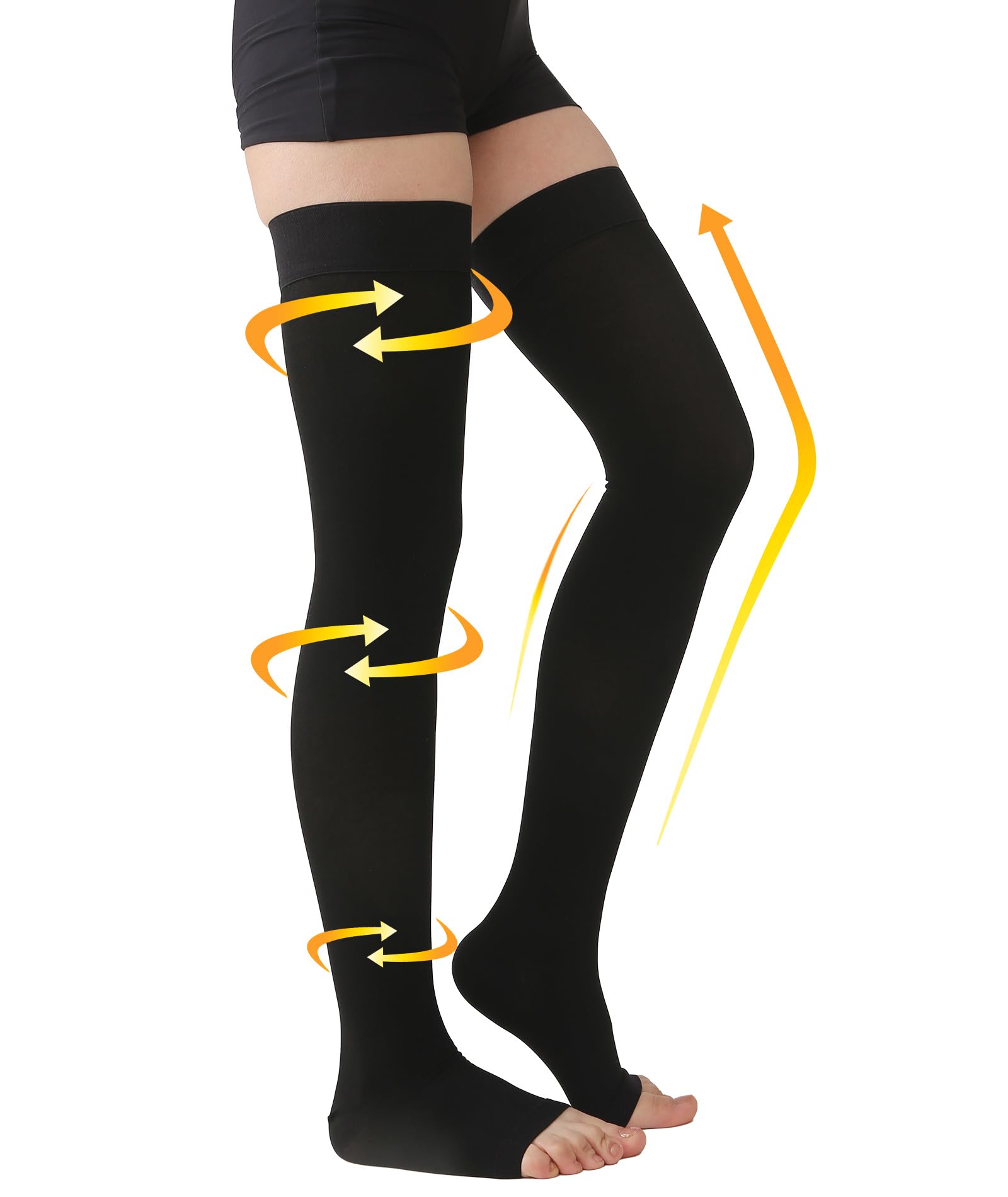 MGANG Medical Thigh High Compression Stockings for Men & Women, Pair, Open Toe, 15-20 mmHg Graduated Compression Support Hose, Opaque, Best for Varicose Veins, Edema, Flight, DVT, Swelling, Black XXL
