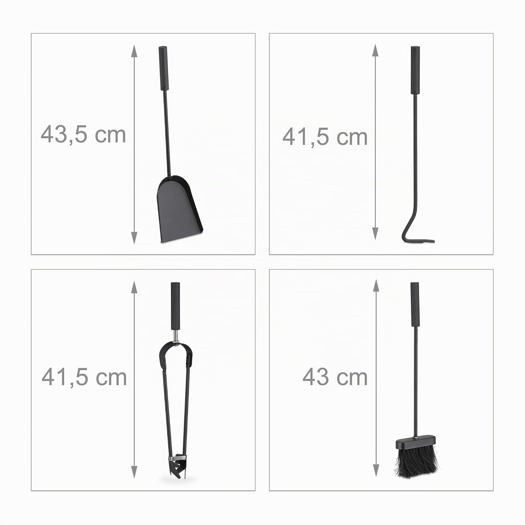 Relaxdays Set Attrezzi da Camino, 5 Accessori, Paletta, Scopino, Pinza, Attizzatoio e Porta-Attrezzi in Acciaio, Nero
