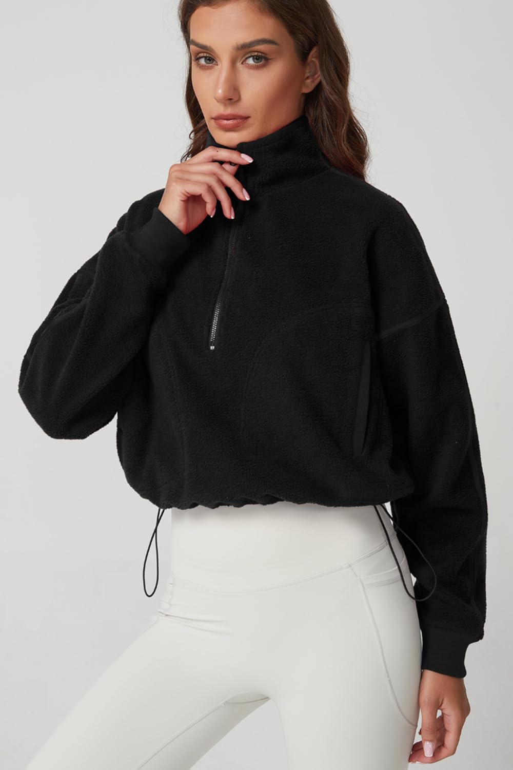 QINSEN Women's Half Zip Fleece Short Pullover Sweatshirt Winter Long Sleeve Cozy Sherpa Sweater Top - Image 5