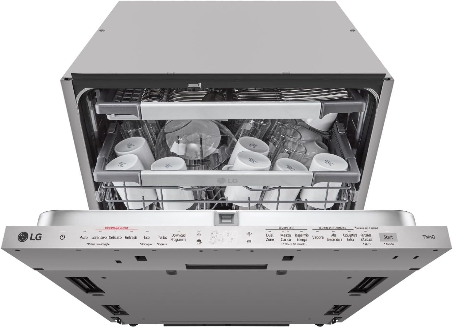 LG QuadWash DB365TXS Lavastoviglie da Incasso a Scomparsa Totale, Serie 3, Classe B, 14 coperti, 4 Bracci Irroratori, Vapore, Cerniere Sliding, Apertura Automatica, 3° Cestello, Wi-Fi, Acciaio