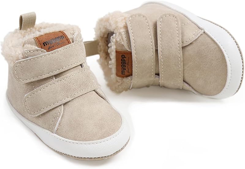 HsdsBebe Baby Ankle Boots Infant Boys Girls Fleece Booties Anti-Slip Rubber Sole Sneakers Toddler Newborn Walking Crib Shoes