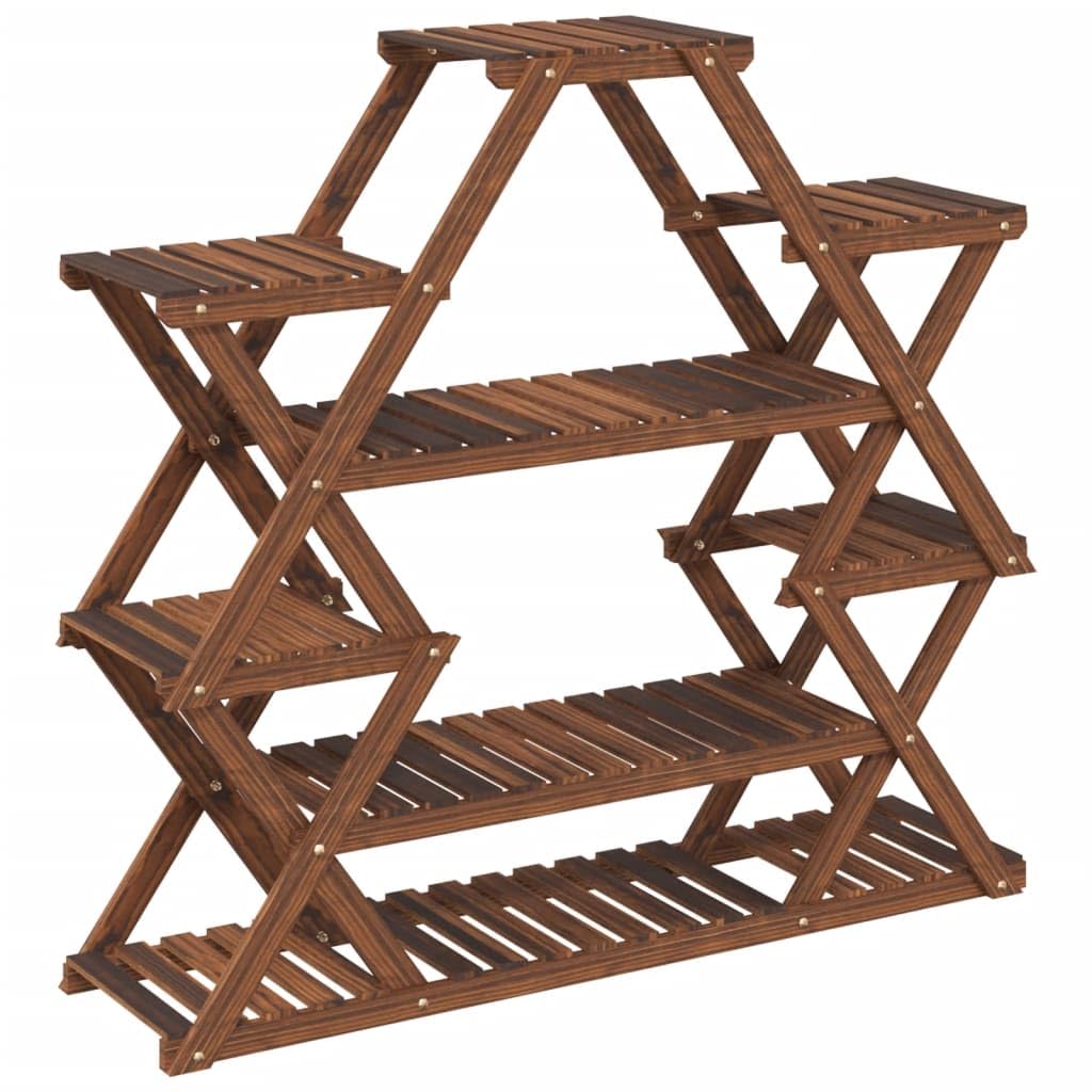 Soporte para flores de madera maciza de abeto carbonizado, 110 x 25 x 105 cm, resistente estantería para plantas con mucho espacio para decoración, ideal para salón, balcón o terraza.