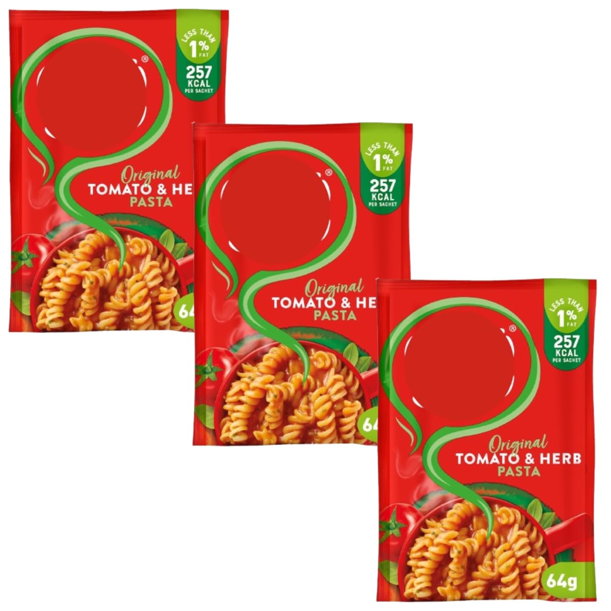 Original Tomato & Herb Pasta, High Protein, 64g Sachets, Pack of 3, 257 kcal Per Serving, Vegetarian