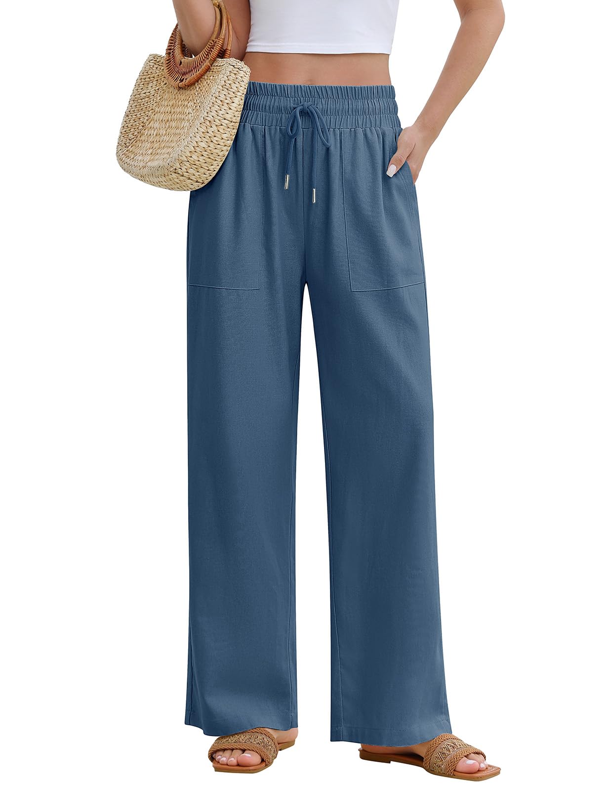 PASUDA Pantaloni Donna Estivi Lino Pantaloni Leggeri Larghi Elastico Vita Alta Lunghi Gamba Dritta Eleganti Pantaloni Palazzo da Spiaggia Jogging Solido Sciolto Casual Comodi con Tasche