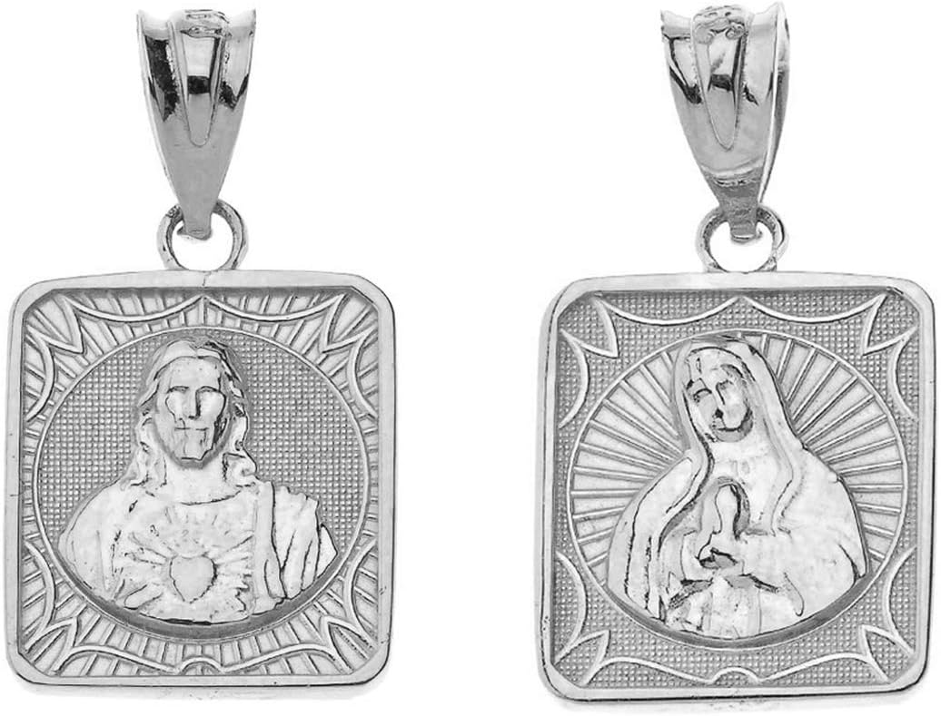 Claddagh Gold 925 Sterling Silver Immaculate Heart of Mary/Sacred Heart of Jesus Square Medal Reversible Necklace and Pendant Only