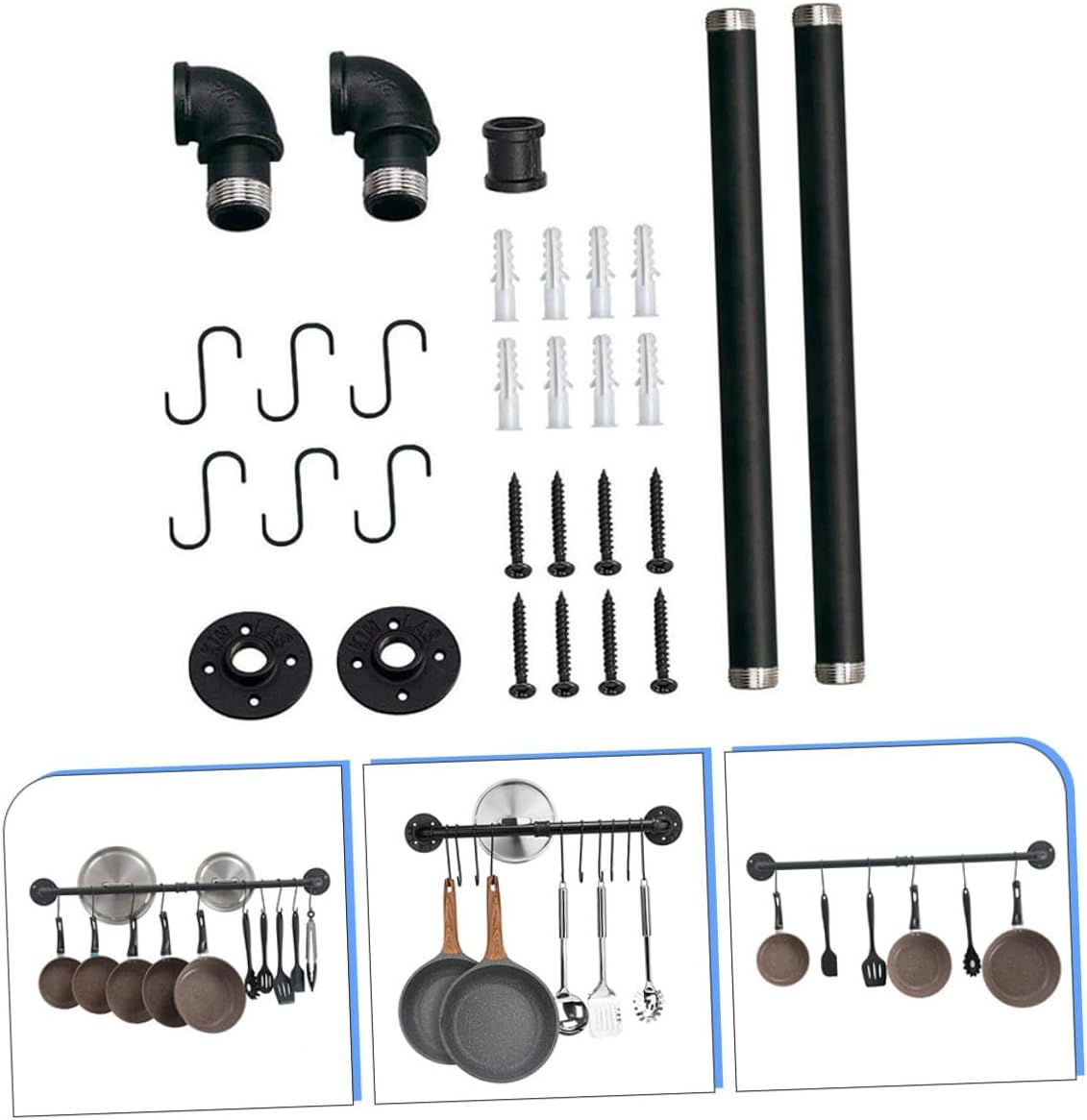 Wall Mounted Iron Kitchen Pot Rack with Hooks, 13x60cm Pipe Frame Hanging Pan and Utensil Organizer for Kitchen Storage and Wall Mount Pot Holder